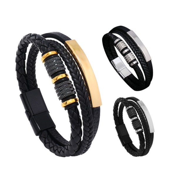 Mens Titanium Steel Braided Leather Bracelet 