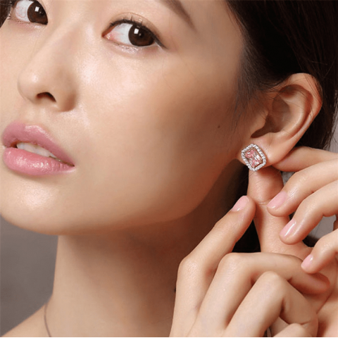Artificial gem pink square earrings
