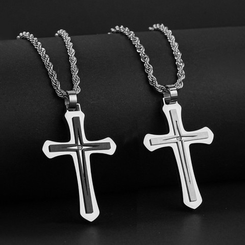 Titanium Steel Diamond-Set Cross Necklace