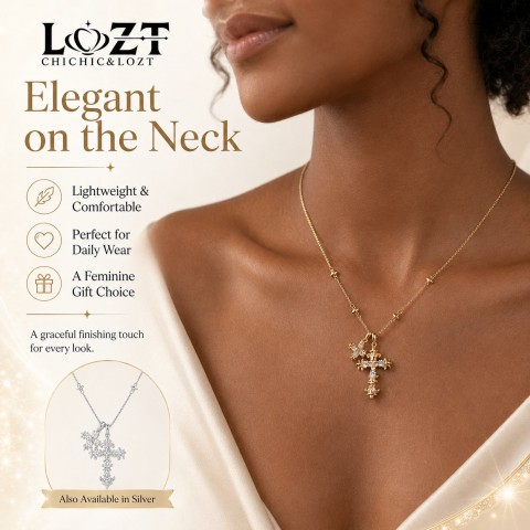 Gold-Plated Iris Flower Cross Necklace