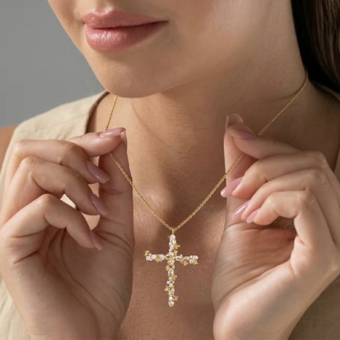 Cross and Flower Zirconia Necklace
