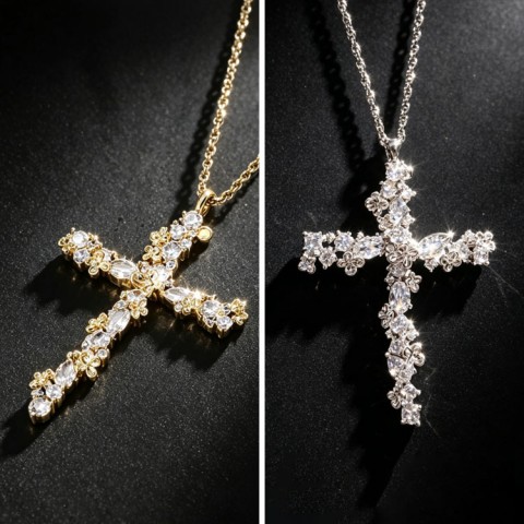 Cross and Flower Zirconia Necklace