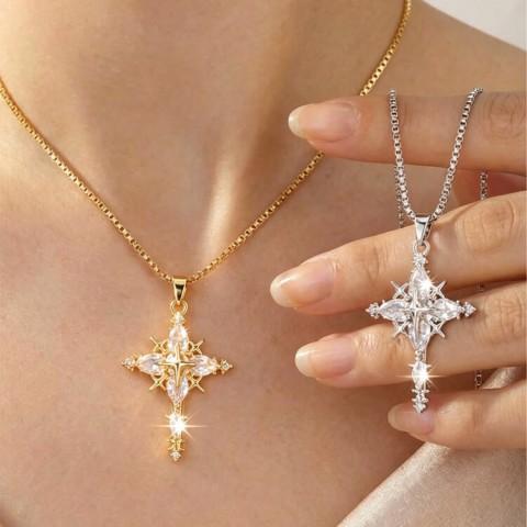 Gold Petal Cross Zirconia Inlay Necklace