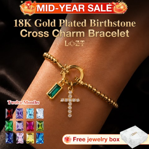 18K Gold Plated Birthstone Cross Charm Bracelet