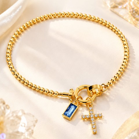 18K Gold Plated Birthstone Cross Charm Bracelet