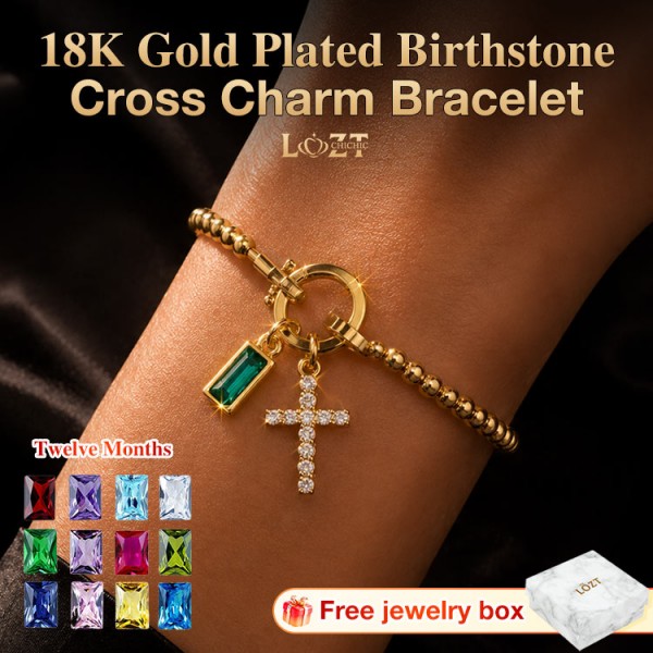 18K Gold Plated Birthstone Cross Charm Bracelet