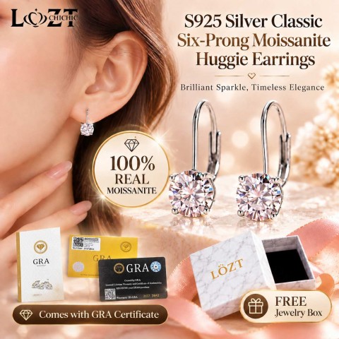 S925 Silver Classic Six-Prong Moissanite Huggie Earrings