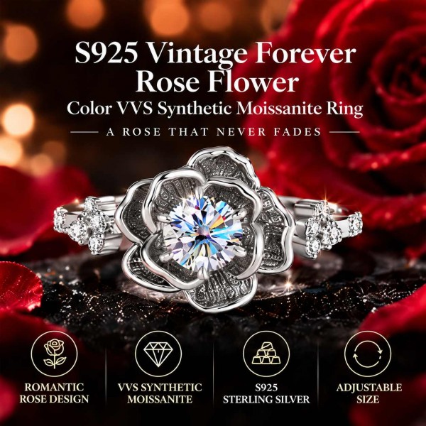 S925 Vintage Forever Rose Flower Color VVS Synthetic Moissanite Ring