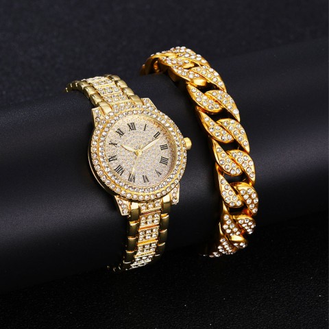 Buy bracelet get watch as freebie! Full diamond Roman literal steel band watch