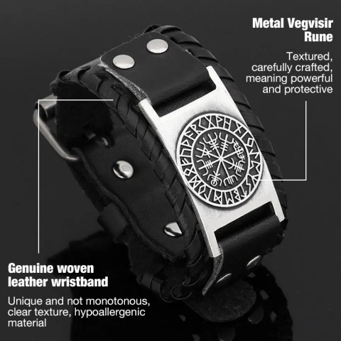 Genuine Leather Buckle Arm Cuff Metal Vegvisir Bracelet