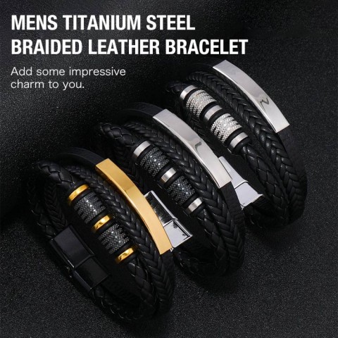 Mens Titanium Steel Braided Leather Bracelet 