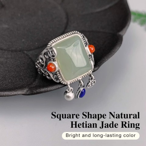 Square Shape Natural Hetian Jade Ring