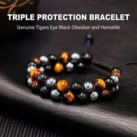 Triple Protection Bracelet-Genuine Tigers Eye Black Obsidian and Hematite