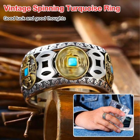 Rotatable turquoise Five Emperors coin ring