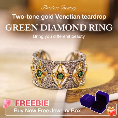 Two-tone gold Venetian teardrop green diamond ring