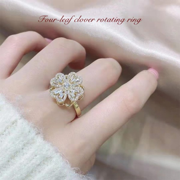 925 Sterling Silver "Heart to Heart" Four Leaf Clover Rotating Ring