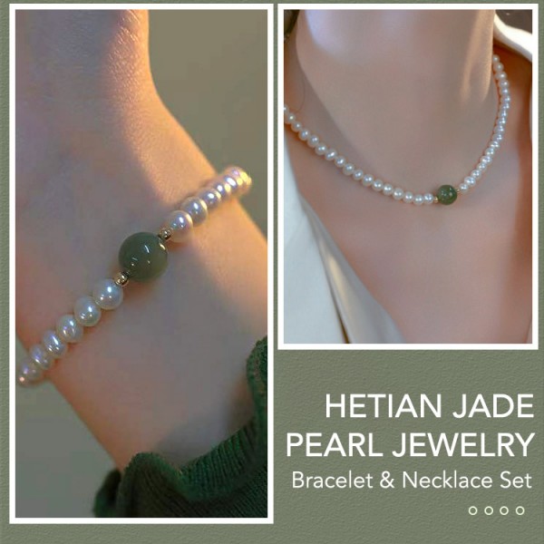 Hetian jade pearl jewelry set -Necklace&Bracelet