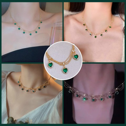 Green Heart Shaped Zircon Gold Fashion Necklace