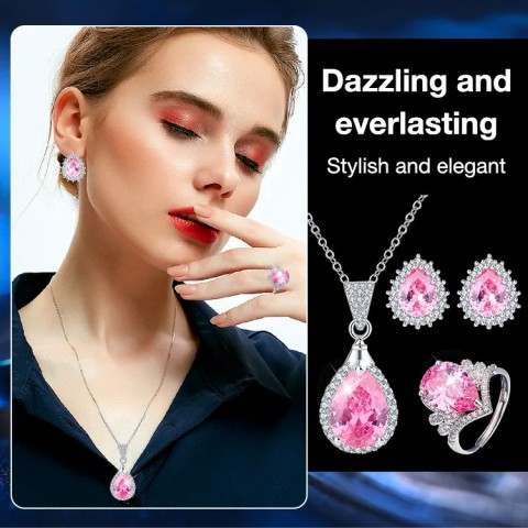 Water drop shaped pink zirconium jewelry three-piece set