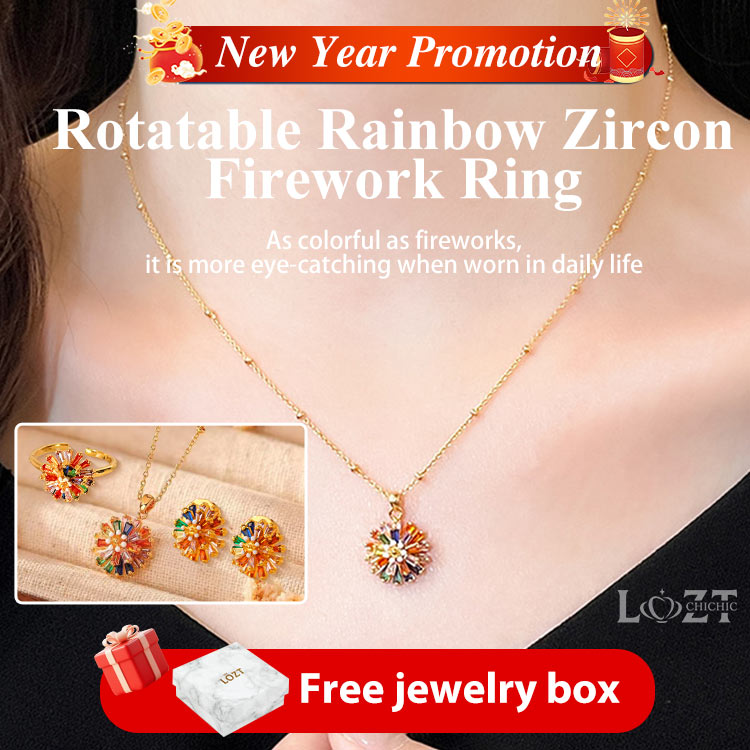 Mid-Year Promo  - Rotatable Rainbow Zircon Firework Ring Set - Free Custom Jewelry Box
