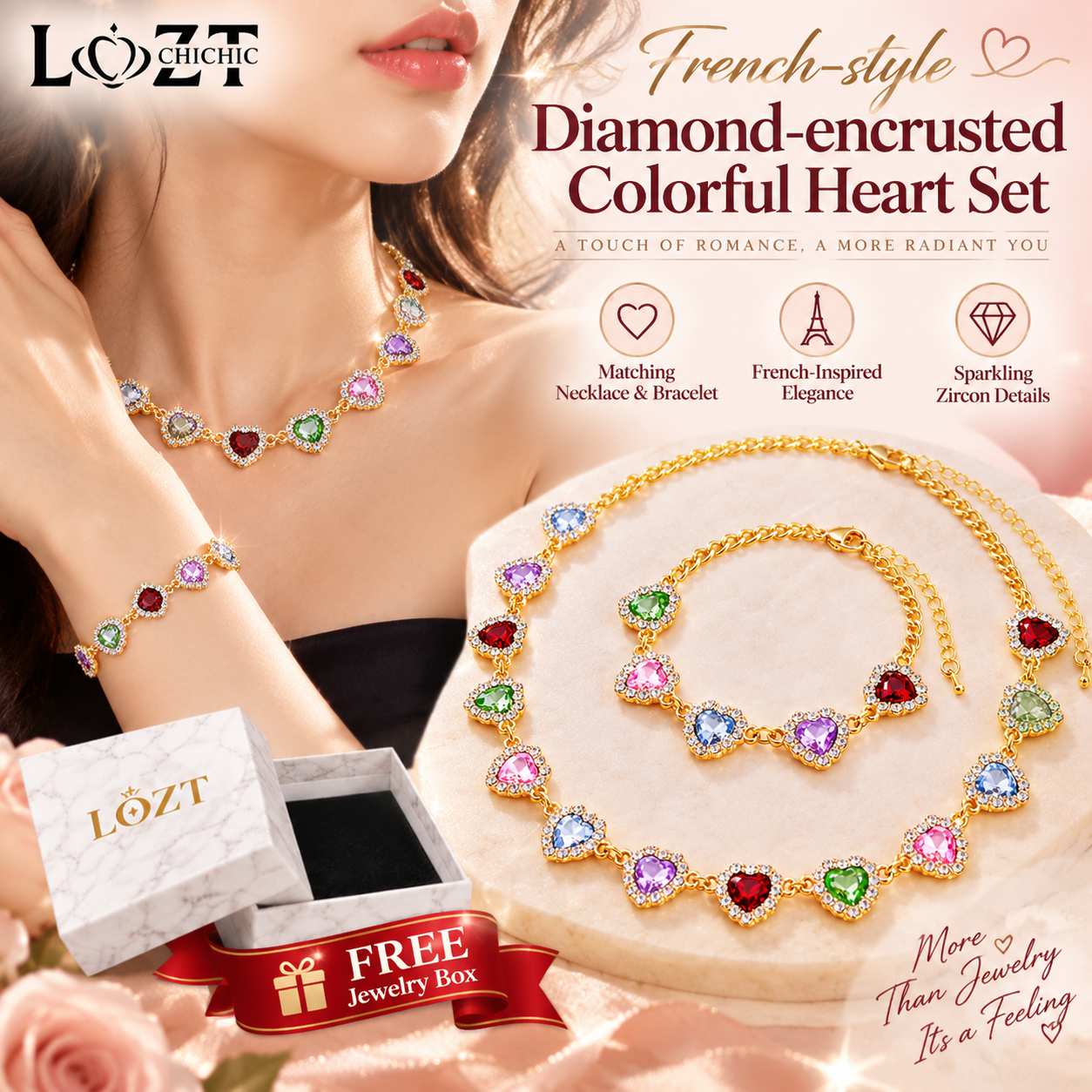 Ber Months Sale to Get a Free Custom Jewelry Box as a Gift‑ French‑style Diamond‑encrusted Colorful Heart Set‑ Grab Sparkly Elegance, Eye‑Catching Glam Jewelry Set