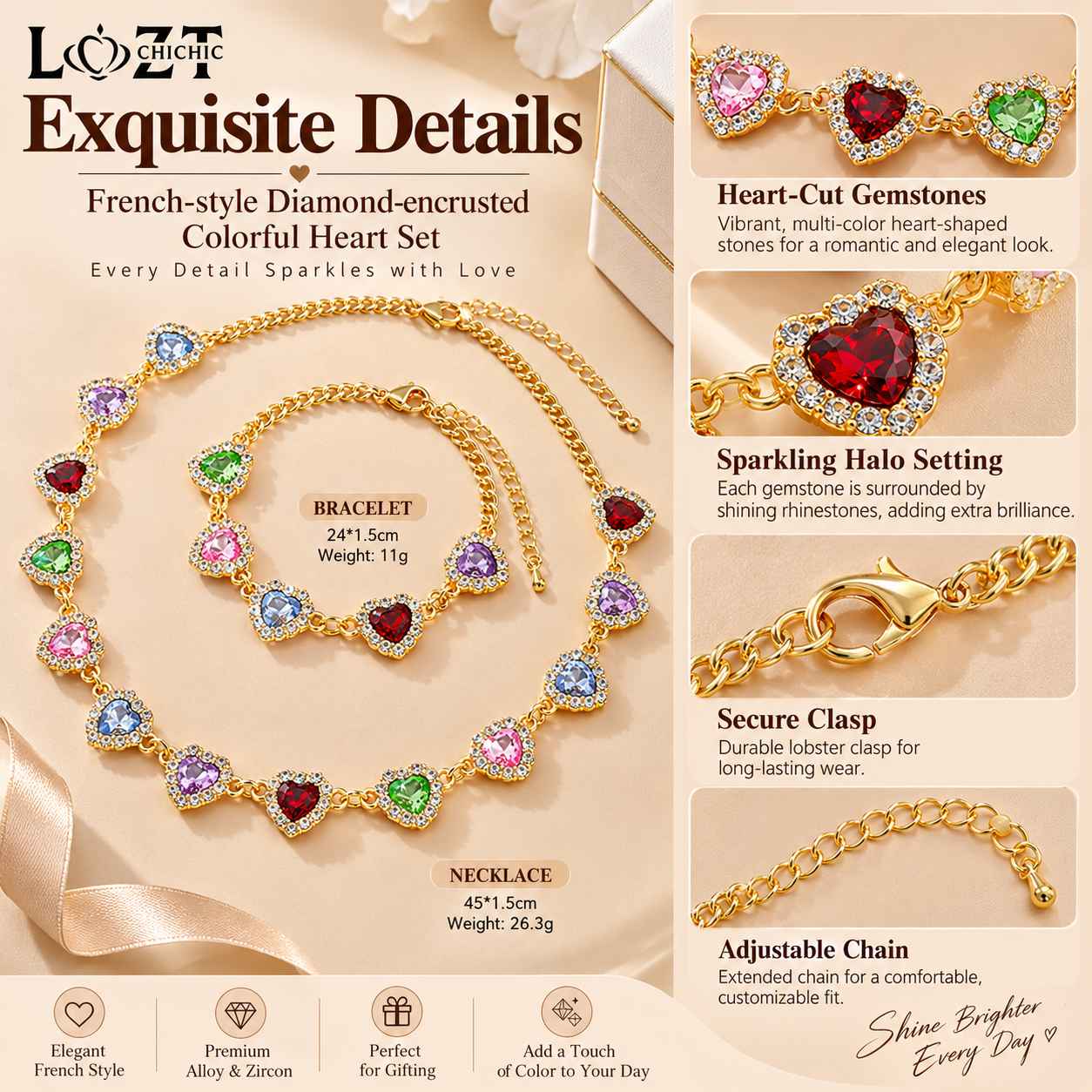 Ber Months Sale to Get a Free Custom Jewelry Box as a Gift‑ French‑style Diamond‑encrusted Colorful Heart Set‑ Grab Sparkly Elegance, Eye‑Catching Glam Jewelry Set