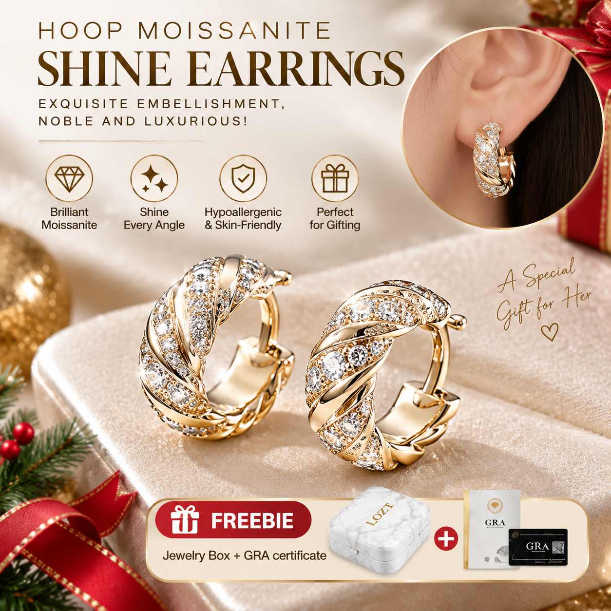 Ber Months Sale -Hoop Moissanite Shine Earrings - Comes with a custom jewelry box - GRA Certified