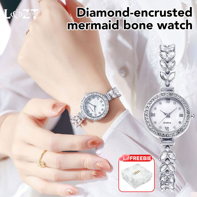 One-year warranty-Diamond-encrusted mermaid bone watch-Bracelet length adjustable