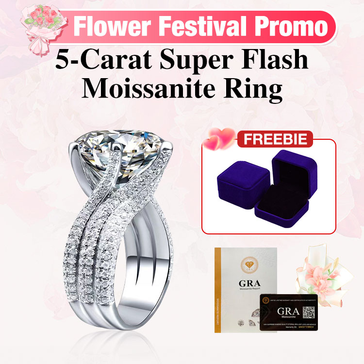Flower Festival Promo - 5-Carat Super Flash Moissanite Ring - Free gift box. GRA Certified. Adjustable size. Shipping from Manila
