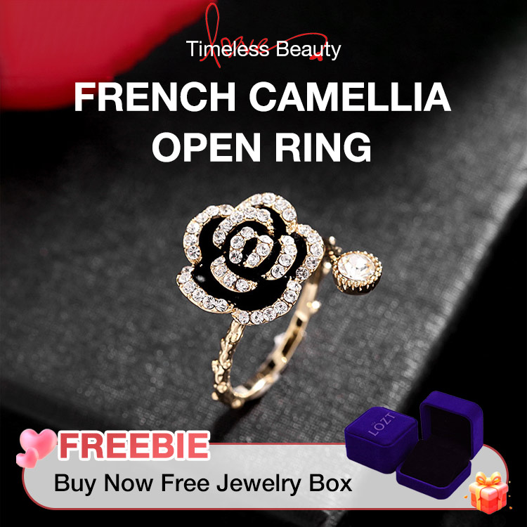 High quality zircon - French Camellia Open Ring - adjustable size, free gift box