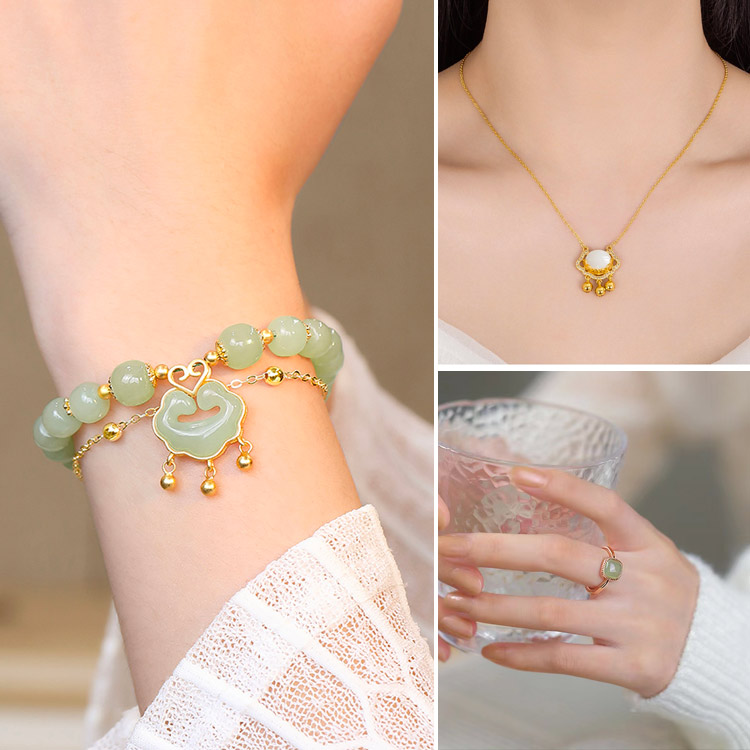 Auspicious Clouds Safety Lock Hetian Jade Jwelety Set